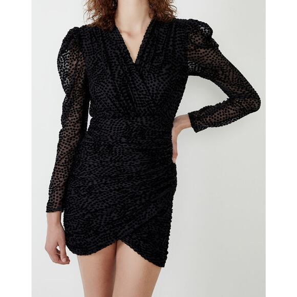 Bardot x Revolve Black Polka Dot Velvet Ruched Puff Sleeve Mini Dress Size 8 - Picture 1 of 11